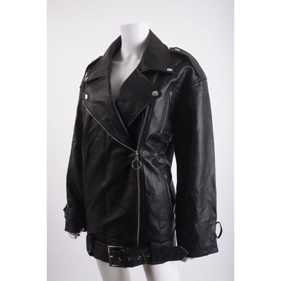 We Wore What Womens Black Oversized Biker Jacket Coat M Faux Leather Heavy - Picture 4 of 7